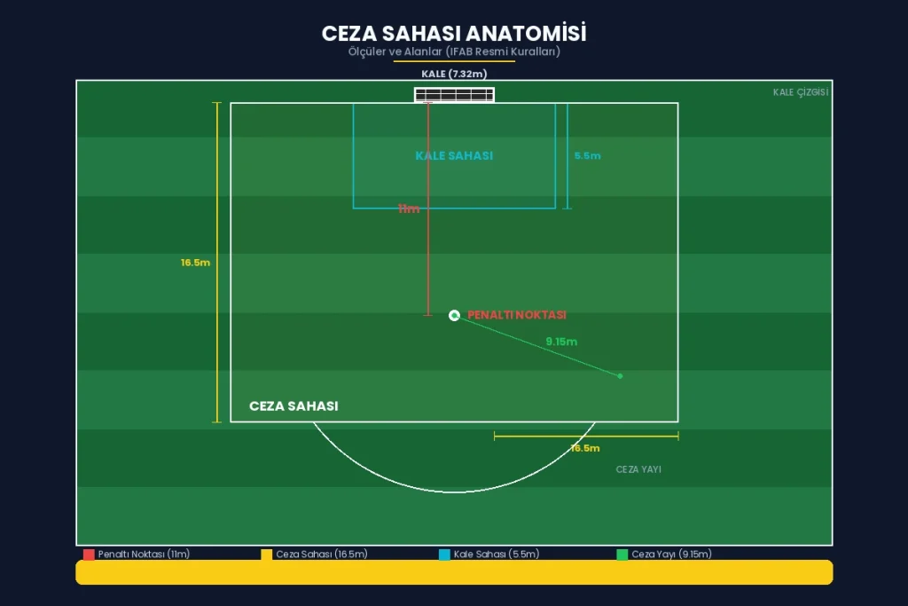 Ceza sahası anatomisi infografik kuş bakışı görünüm penaltı noktası 11 metre kale sahası 5.5 metre ceza sahası 16.5 metre ceza yayı 9.15 metre ölçüleri
