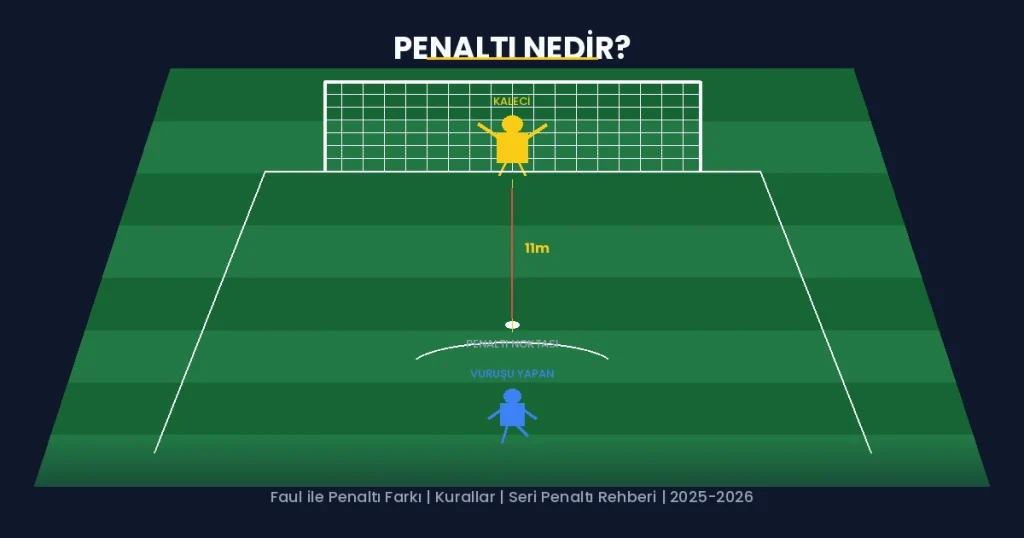 Penaltı nedir sorusunu gösteren taktik saha görünümü kaleci vuruş yapan oyuncu ve 11 metre penaltı noktası ile ceza sahası çizgileri